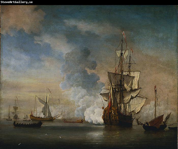 Willem Van de Velde The Younger English Warship Firing a Salute